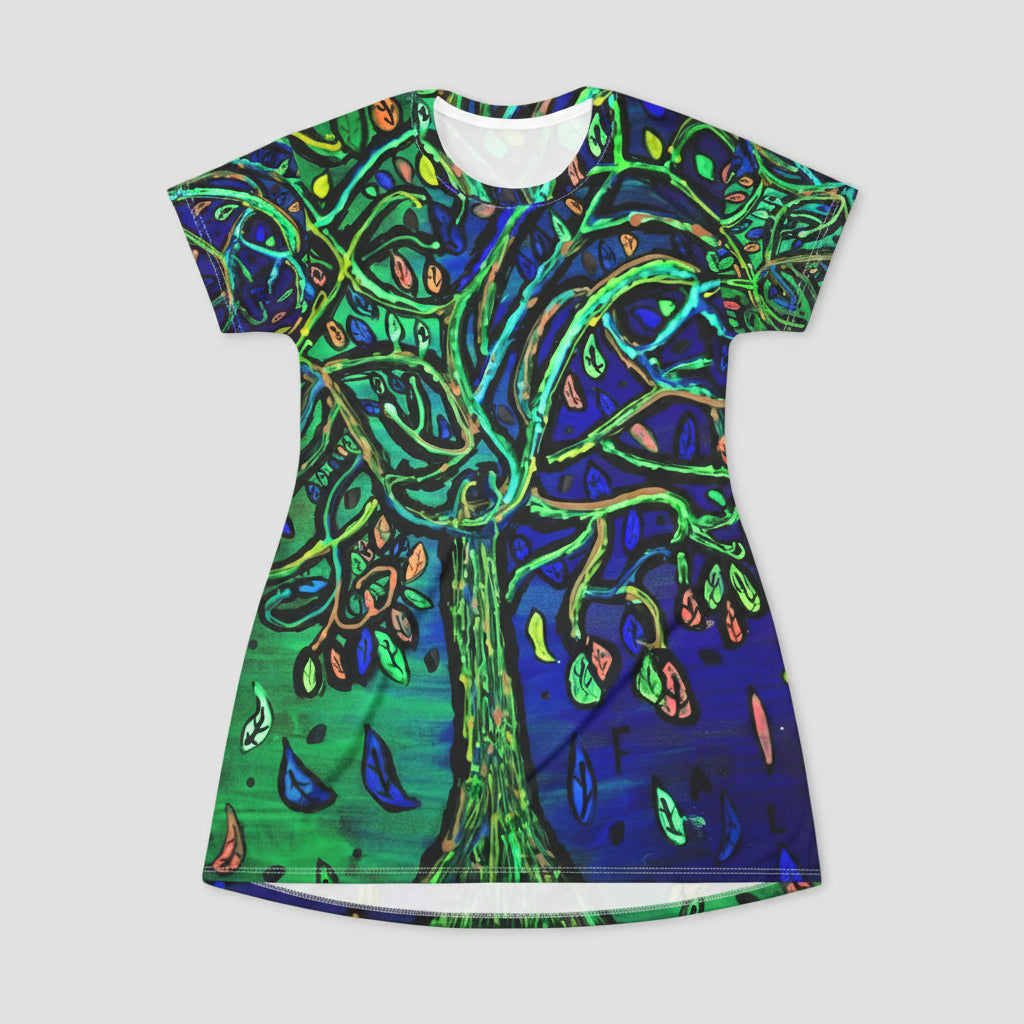 Bohemian Tree of Life All-Over Print T-Shirt Dress — Vibrant Green & Blue Art