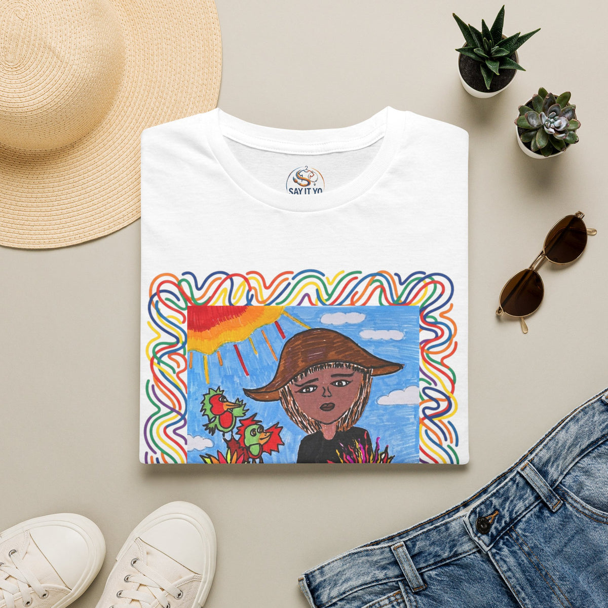 Artistic Sunflower Girl T-Shirt — Colorful Hand-Drawn Floral Tee