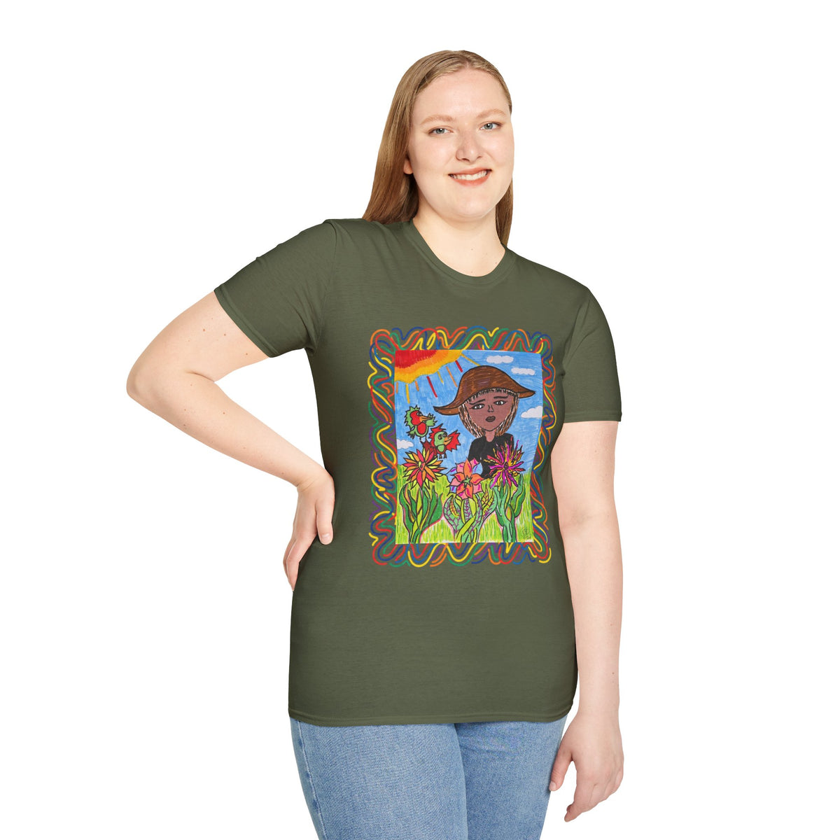 Artistic Sunflower Girl T-Shirt — Colorful Hand-Drawn Floral Tee