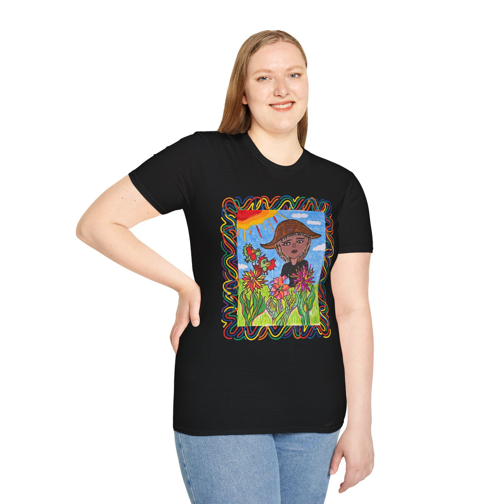 Artistic Sunflower Girl T-Shirt — Colorful Hand-Drawn Floral Tee