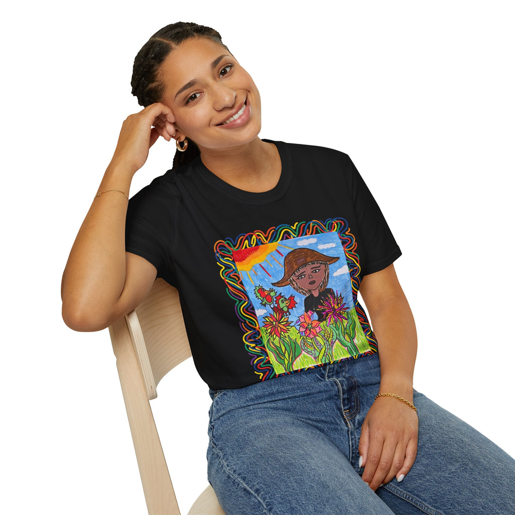 Artistic Sunflower Girl T-Shirt — Colorful Hand-Drawn Floral Tee