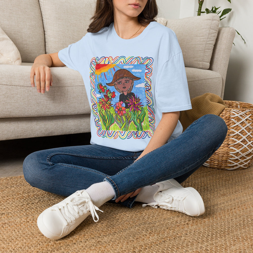Artistic Sunflower Girl T-Shirt — Colorful Hand-Drawn Floral Tee