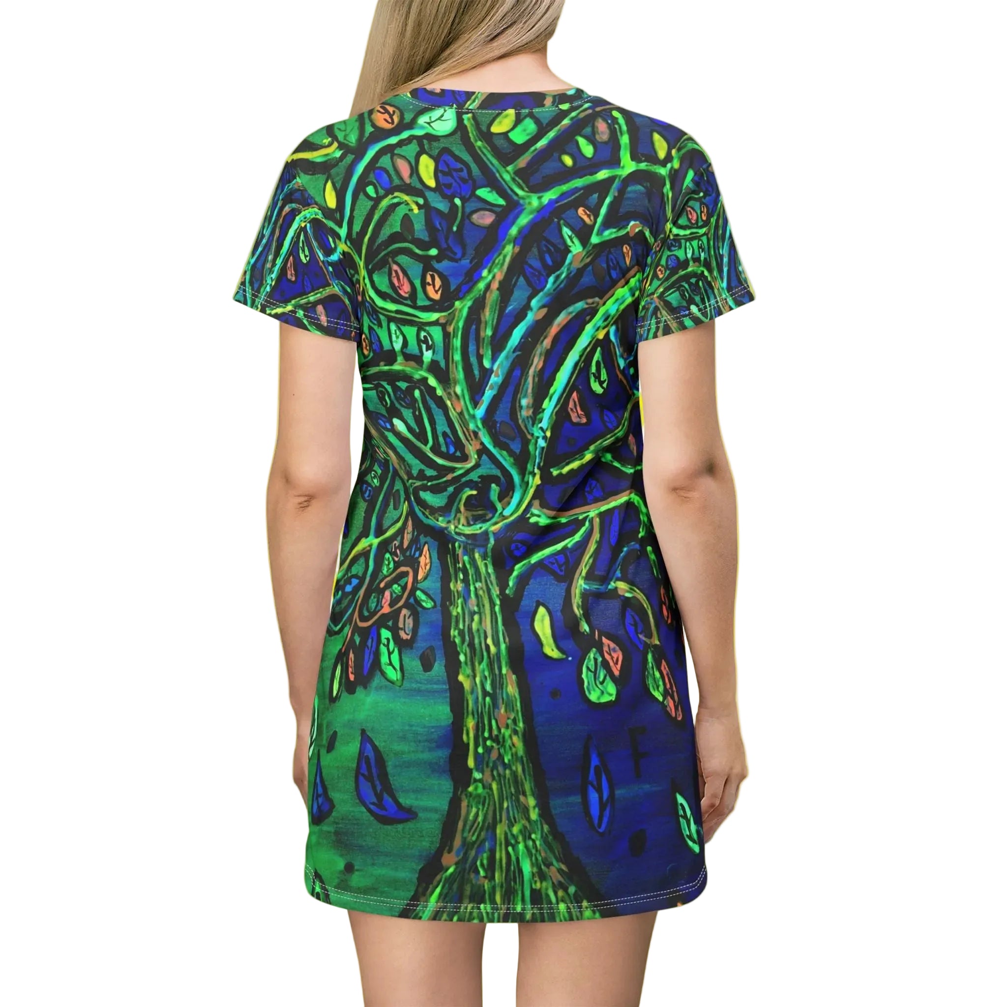 Bohemian Tree of Life All-Over Print T-Shirt Dress — Vibrant Green & Blue Art