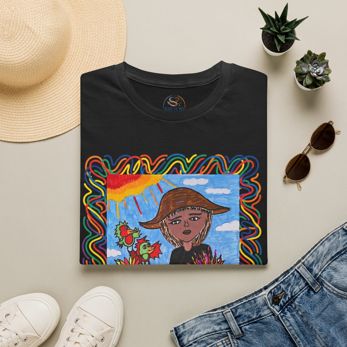 Artistic Sunflower Girl T-Shirt — Colorful Hand-Drawn Floral Tee