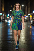 Bohemian Tree of Life All-Over Print T-Shirt Dress — Vibrant Green & Blue Art