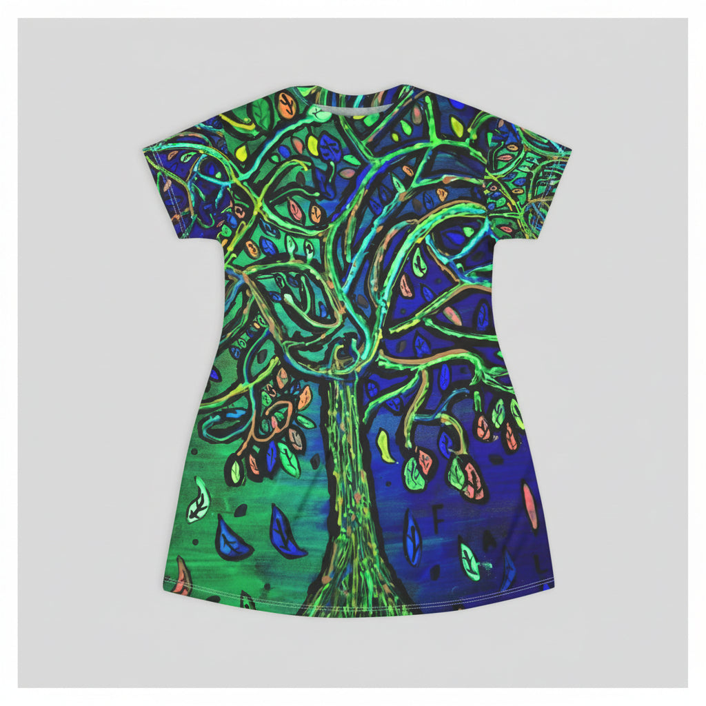 Bohemian Tree of Life All-Over Print T-Shirt Dress — Vibrant Green & Blue Art