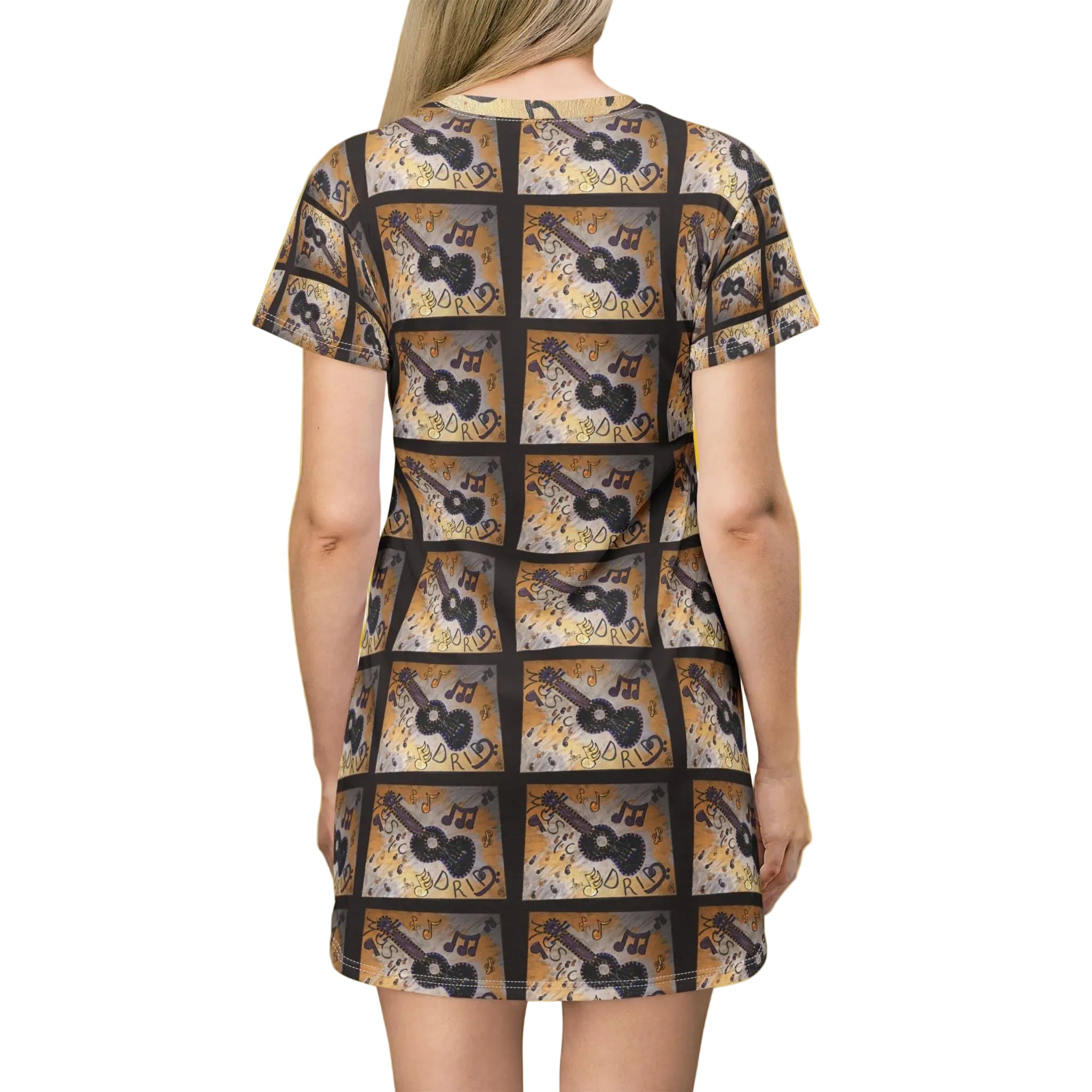 Retro Guitar Pattern T‑Shirt Dress — Vintage Music AOP Print