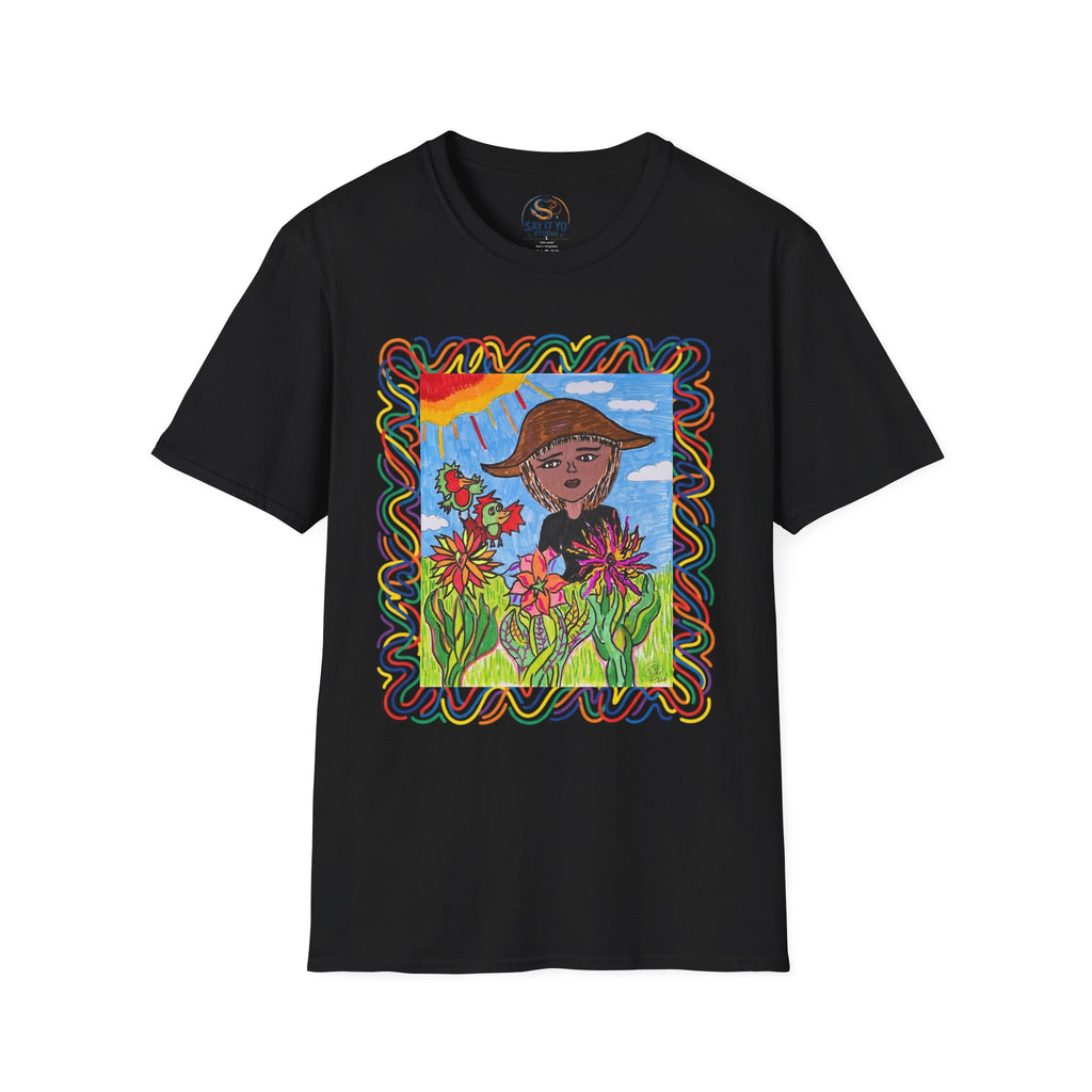 Artistic Sunflower Girl T-Shirt — Colorful Hand-Drawn Floral Tee