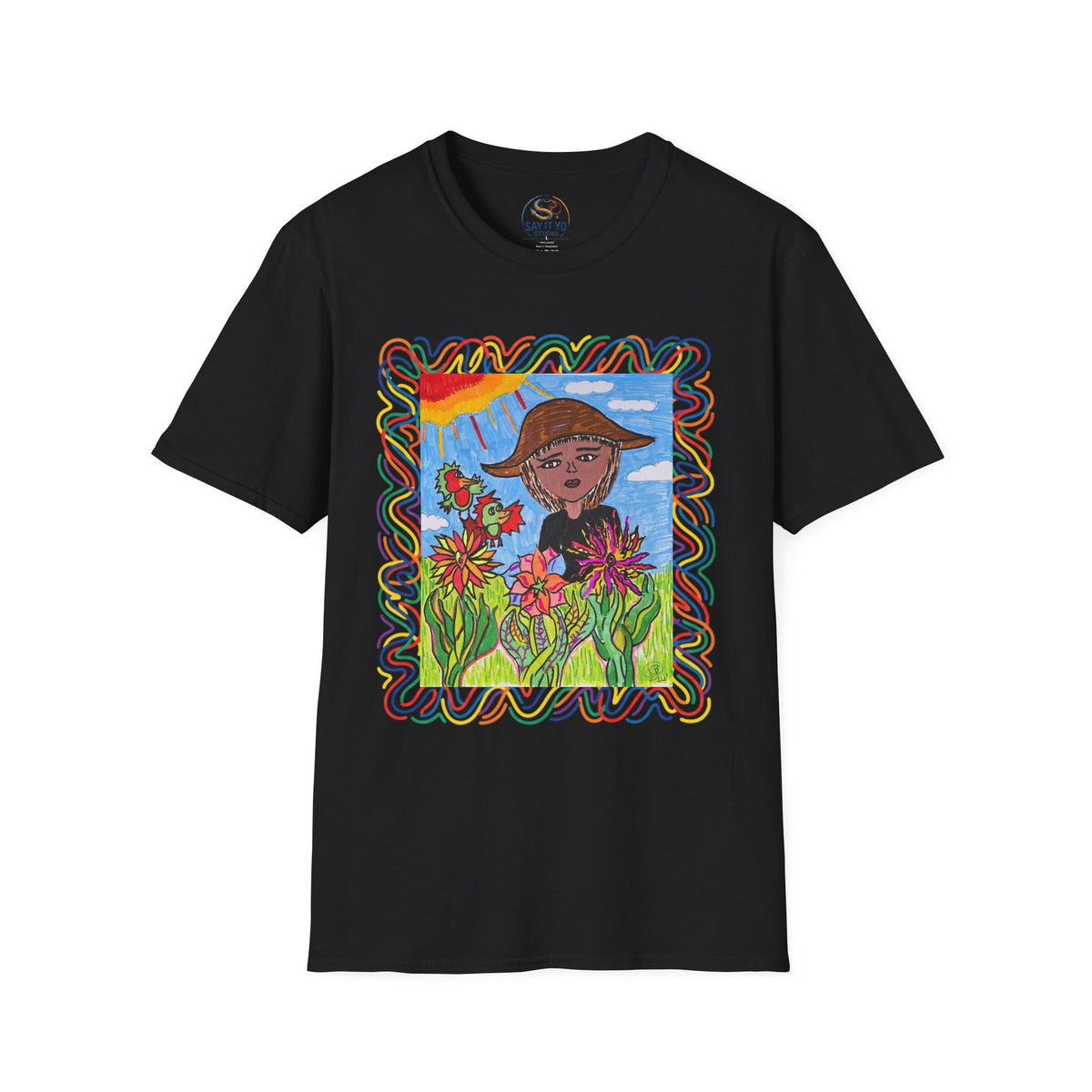 Artistic Sunflower Girl T-Shirt — Colorful Hand-Drawn Floral Tee