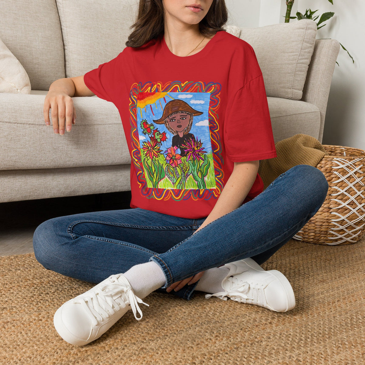 Artistic Sunflower Girl T-Shirt — Colorful Hand-Drawn Floral Tee