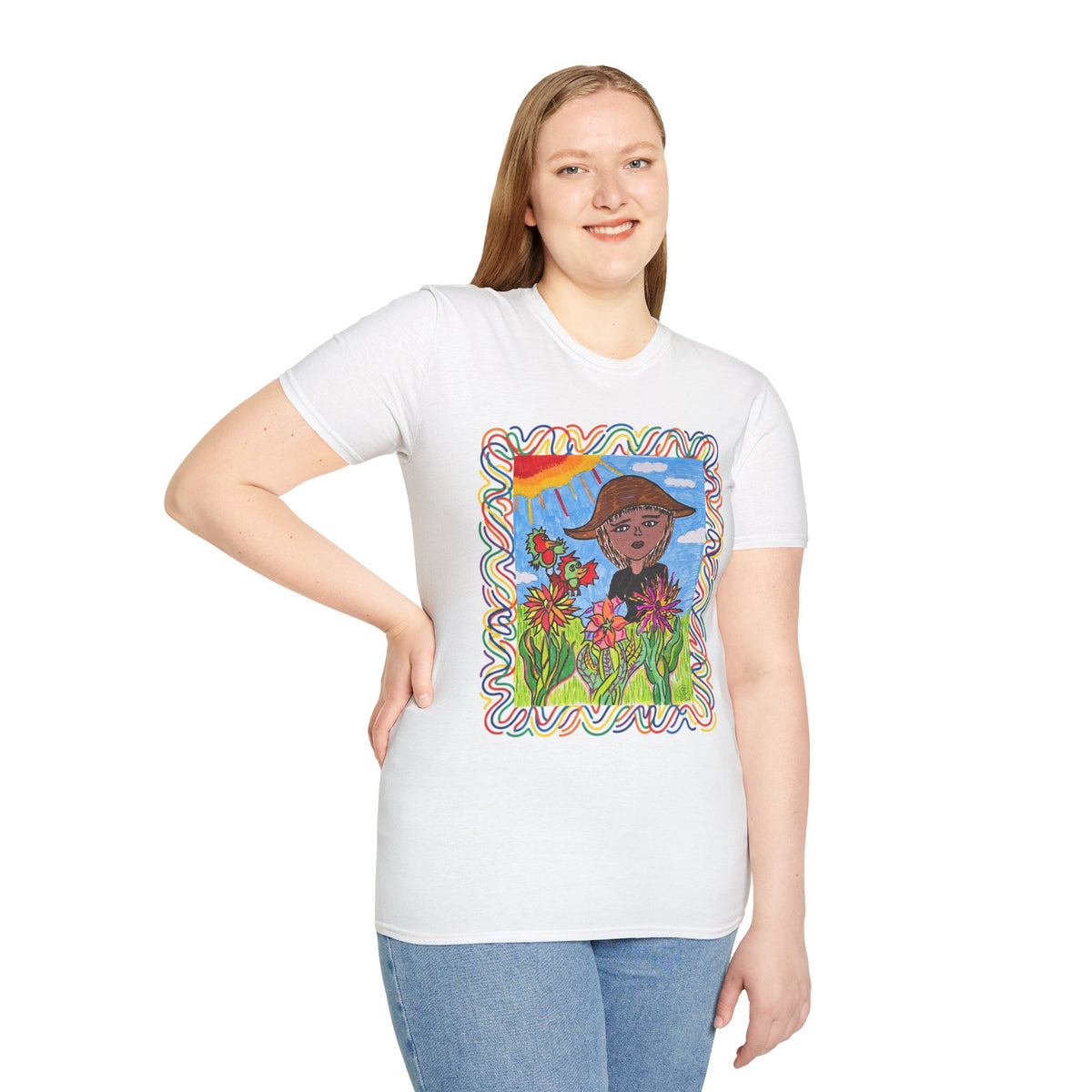 Artistic Sunflower Girl T-Shirt — Colorful Hand-Drawn Floral Tee
