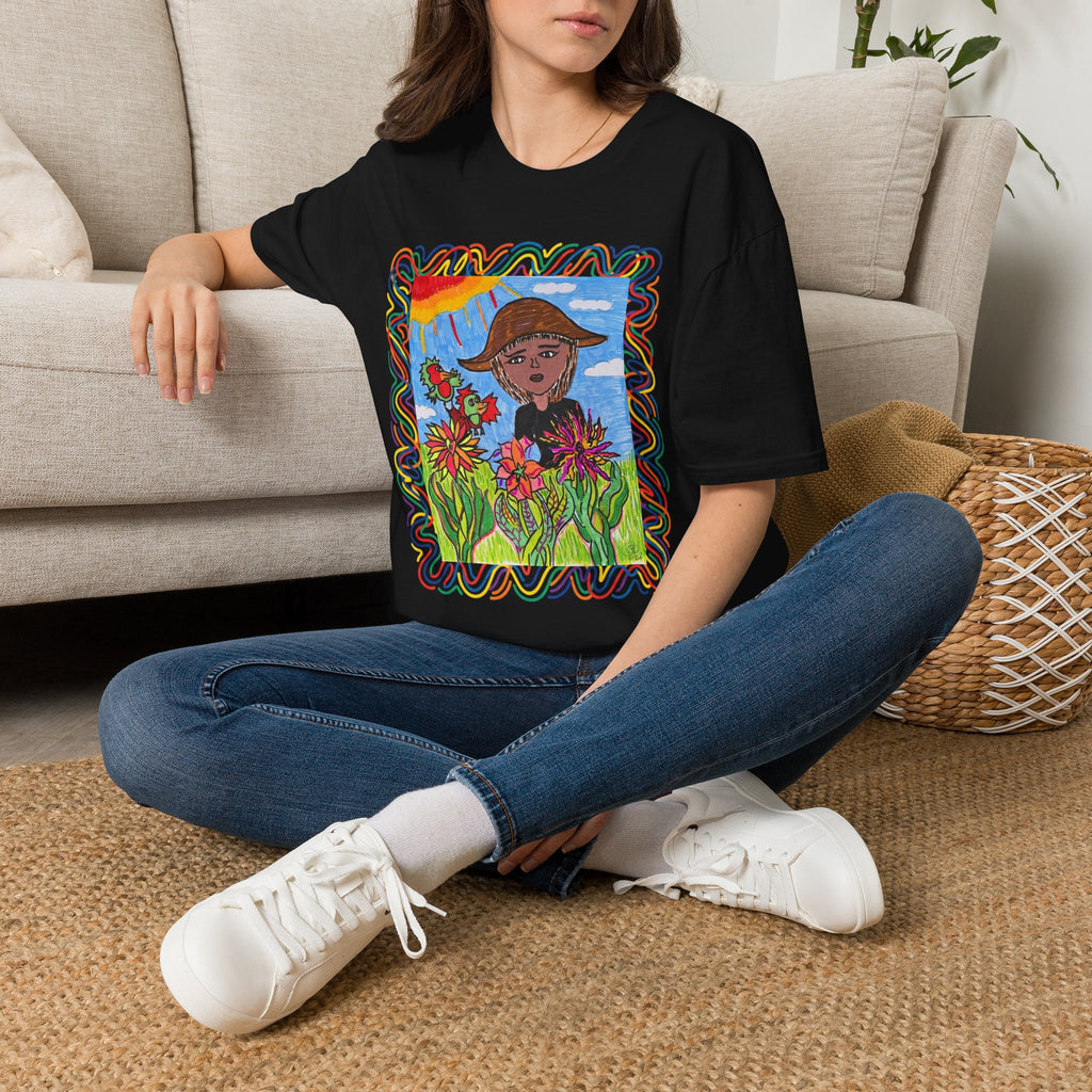 Artistic Sunflower Girl T-Shirt — Colorful Hand-Drawn Floral Tee