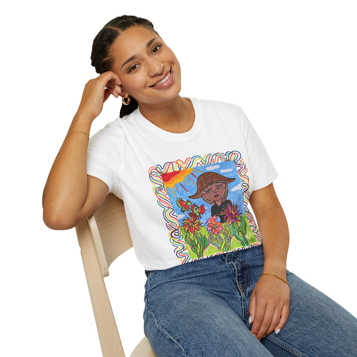 Artistic Sunflower Girl T-Shirt — Colorful Hand-Drawn Floral Tee
