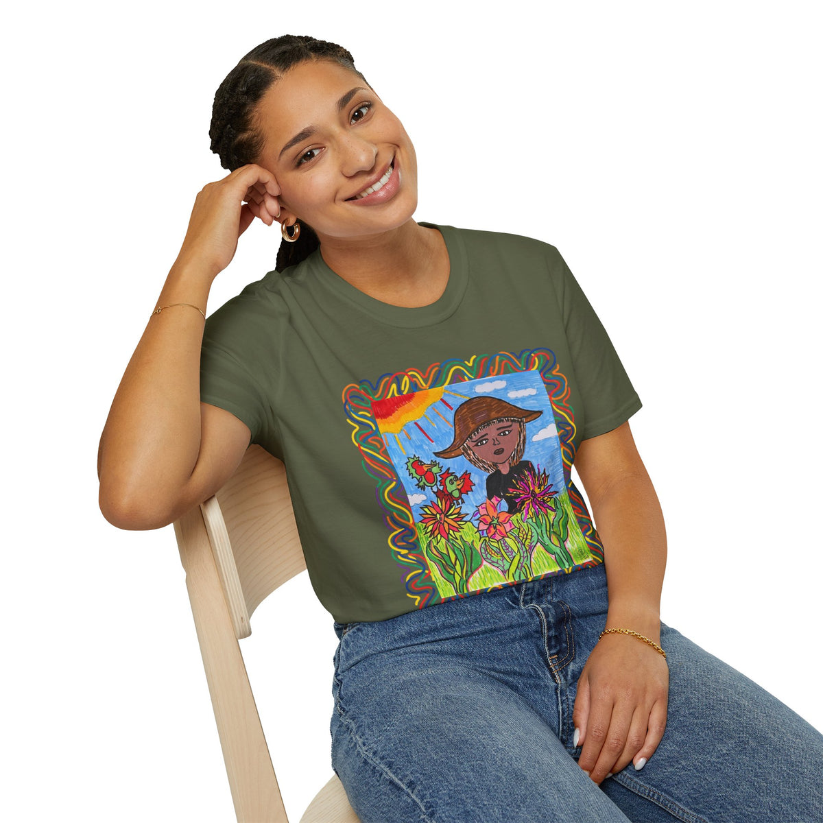 Artistic Sunflower Girl T-Shirt — Colorful Hand-Drawn Floral Tee