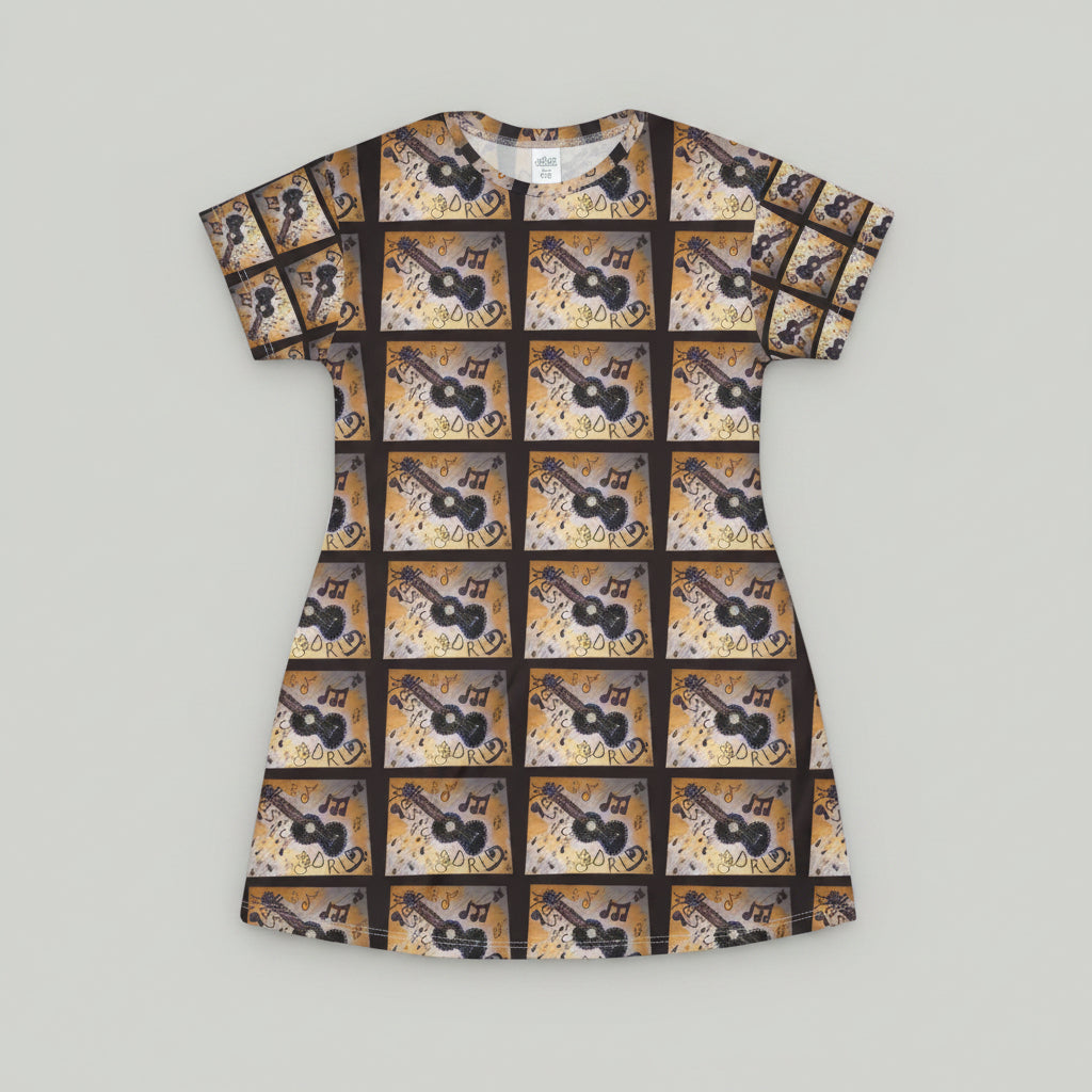 Retro Guitar Pattern T‑Shirt Dress — Vintage Music AOP Print