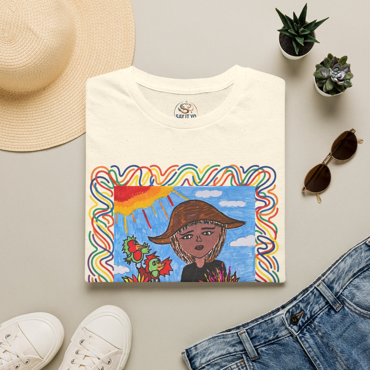 Artistic Sunflower Girl T-Shirt — Colorful Hand-Drawn Floral Tee