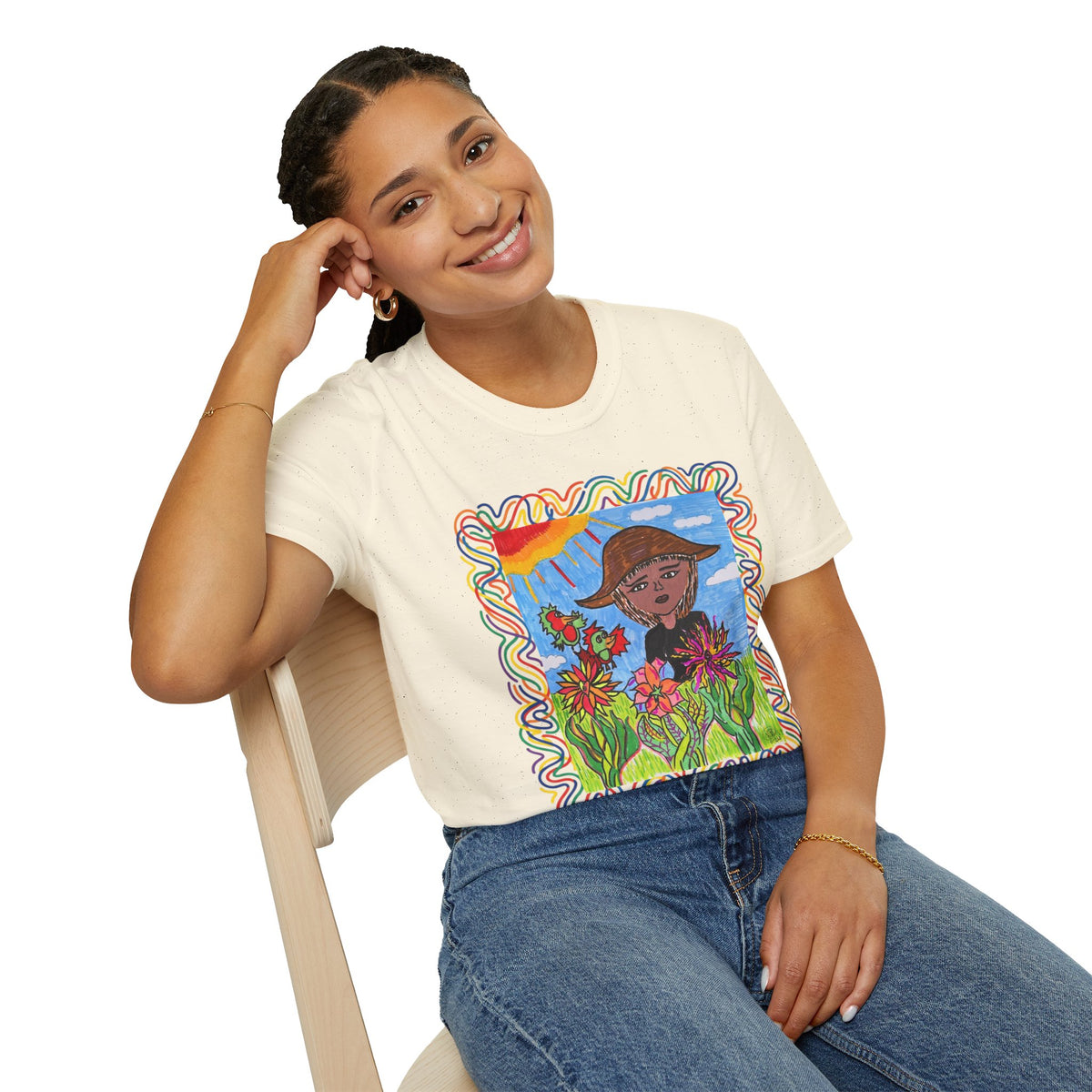 Artistic Sunflower Girl T-Shirt — Colorful Hand-Drawn Floral Tee