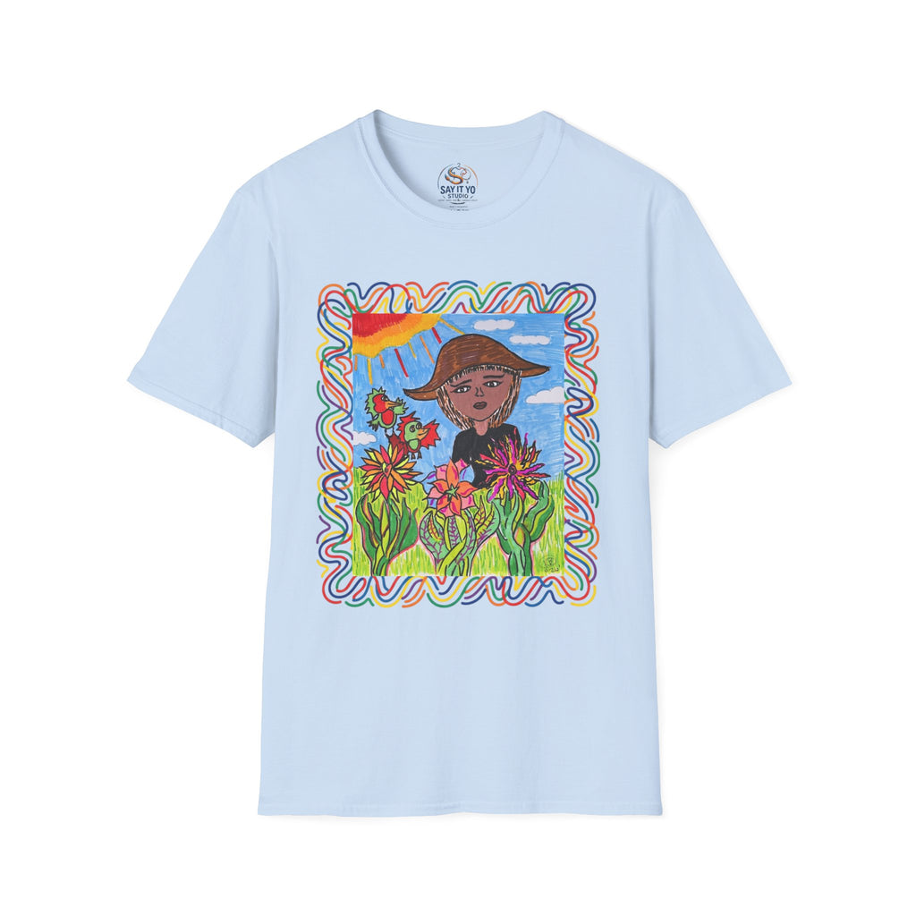 Artistic Sunflower Girl T-Shirt — Colorful Hand-Drawn Floral Tee