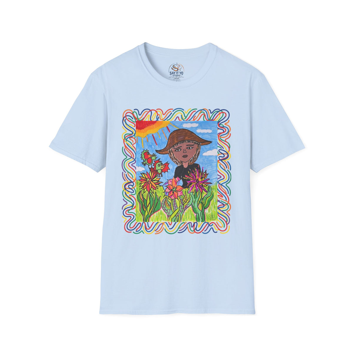 Artistic Sunflower Girl T-Shirt — Colorful Hand-Drawn Floral Tee