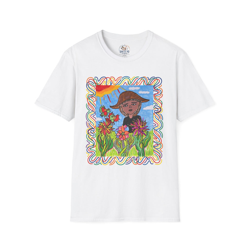 Artistic Sunflower Girl T-Shirt — Colorful Hand-Drawn Floral Tee