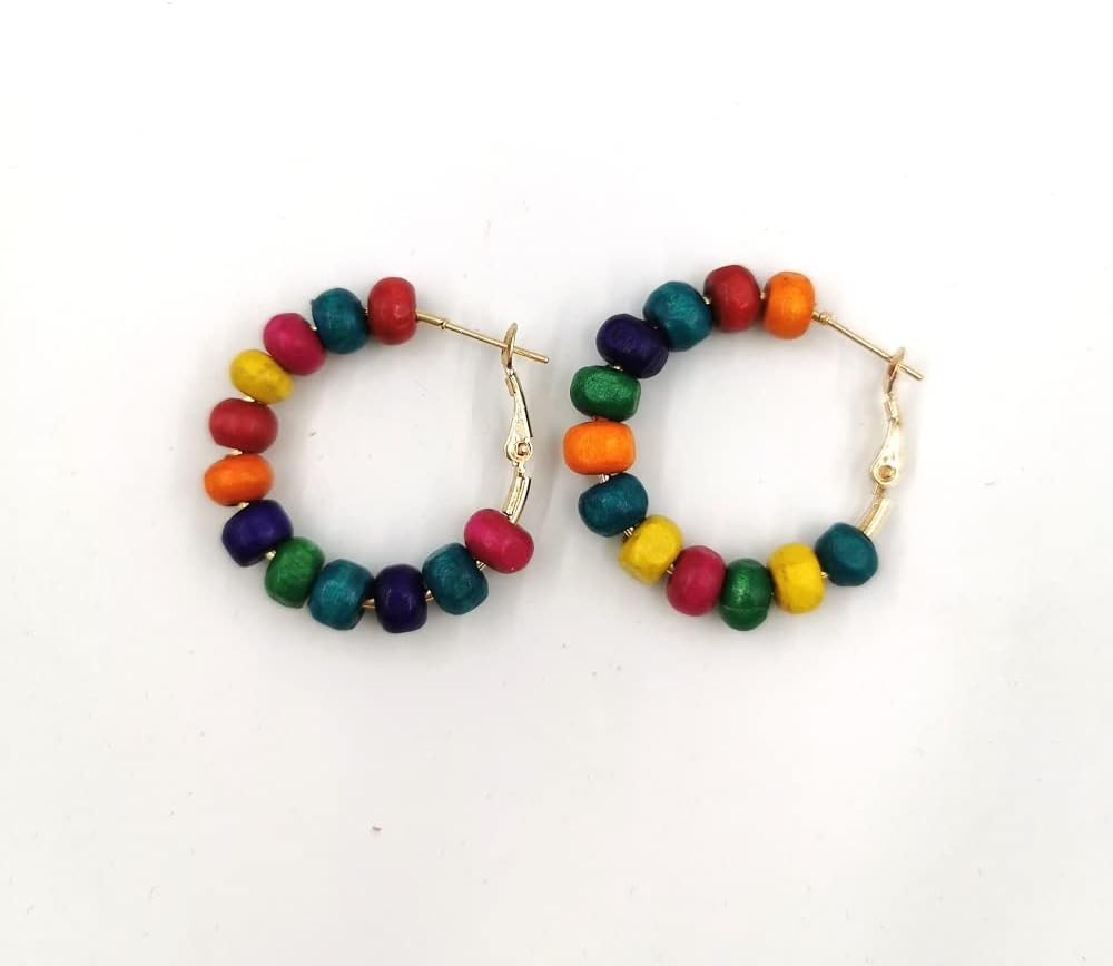 Vintage Wooden Beaded Hoop Earrings Bohemian Wood Beads Round Circle Earring Handmade Colorful Beaded Dangle Earrings for Women Jewelry
