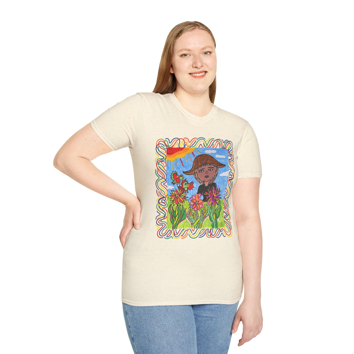 Artistic Sunflower Girl T-Shirt — Colorful Hand-Drawn Floral Tee