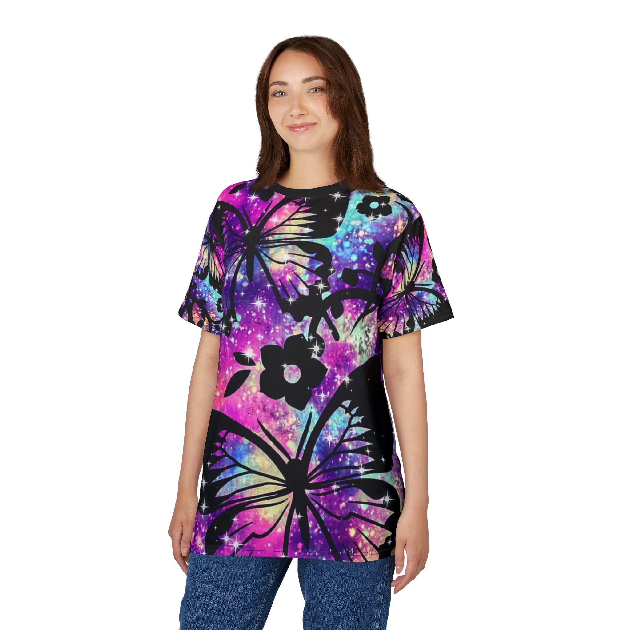 Galaxy Butterfly All-Over Print Tee — Vibrant Floral Wings T-Shirt