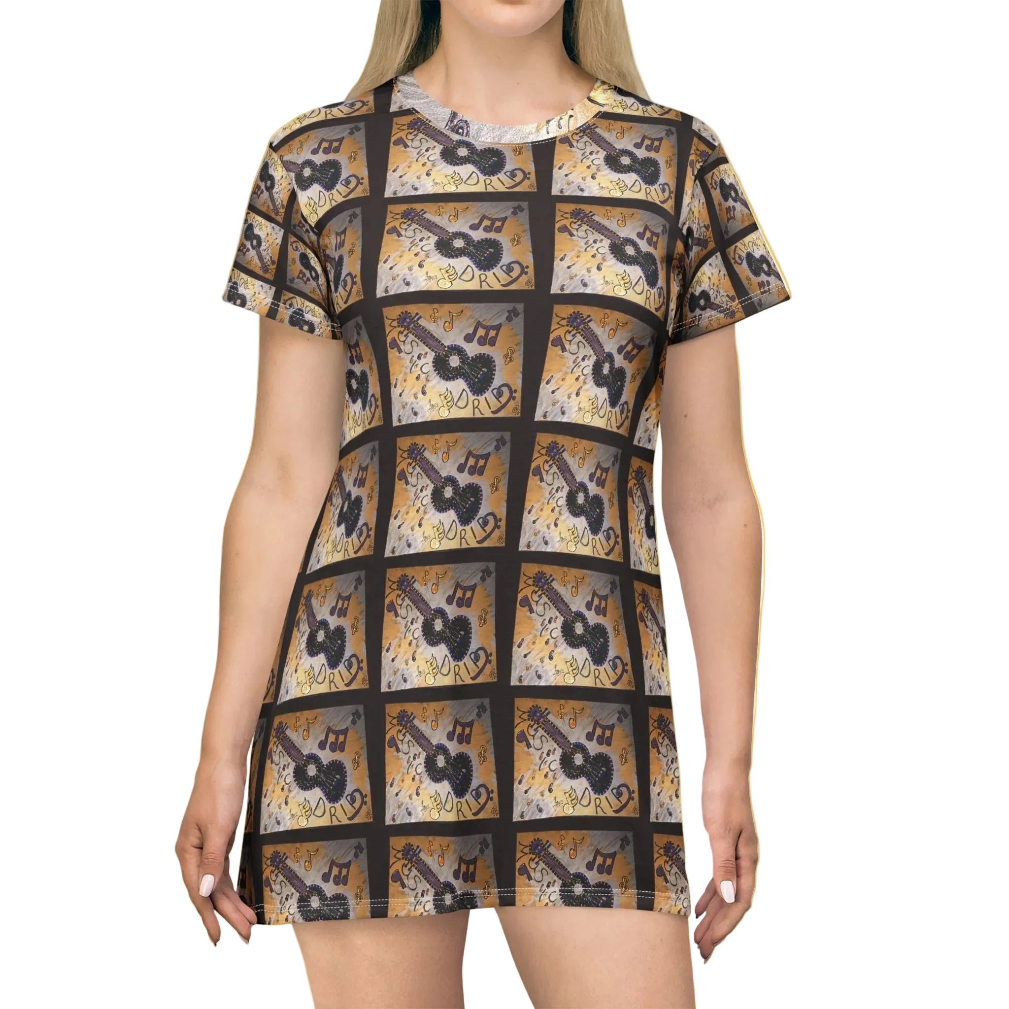 Retro Guitar Pattern T‑Shirt Dress — Vintage Music AOP Print