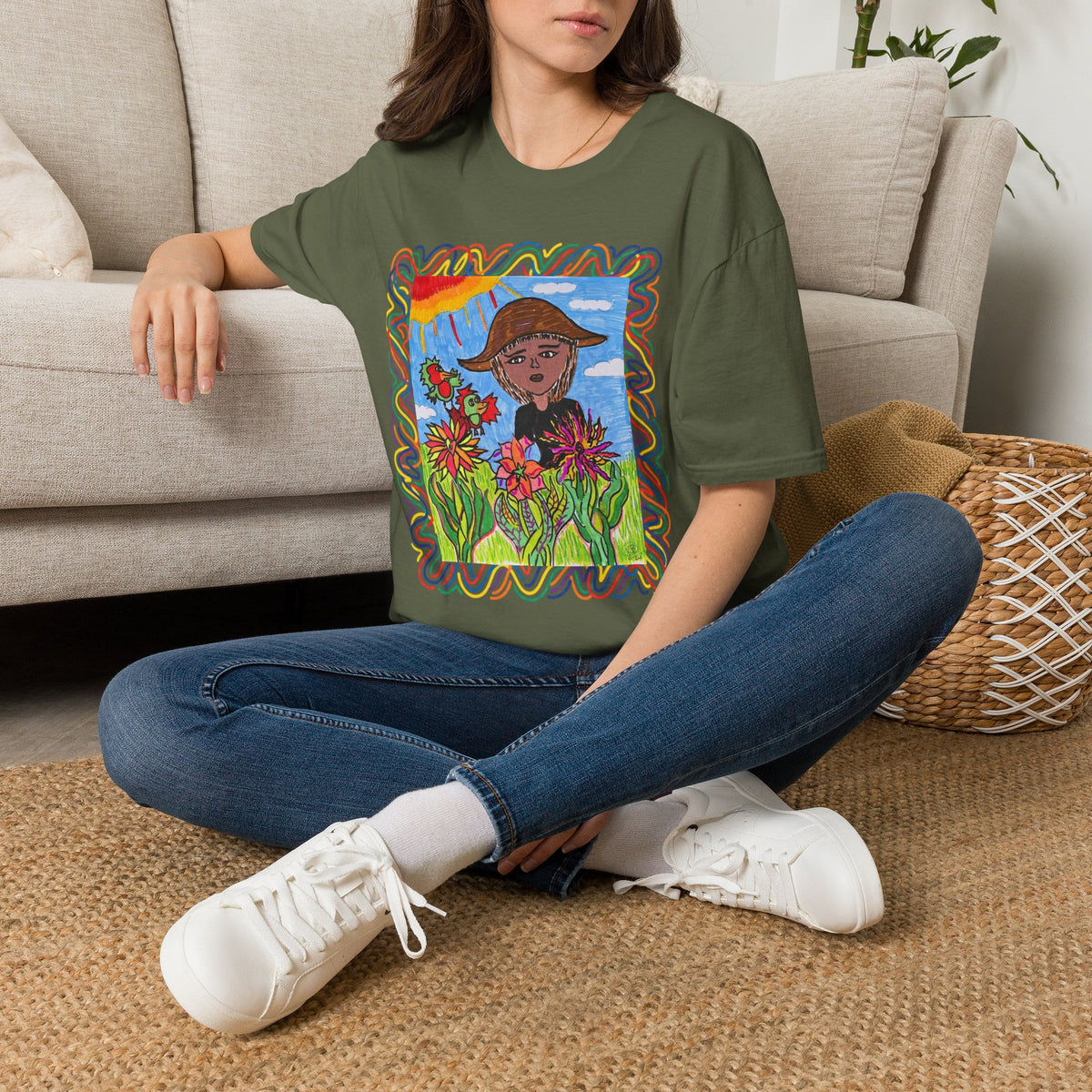 Artistic Sunflower Girl T-Shirt — Colorful Hand-Drawn Floral Tee