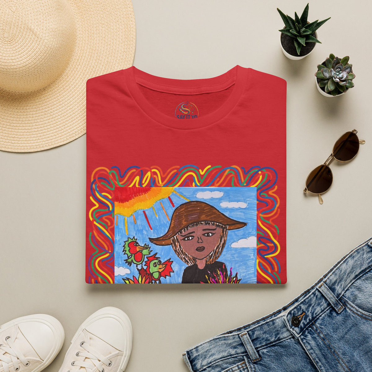 Artistic Sunflower Girl T-Shirt — Colorful Hand-Drawn Floral Tee