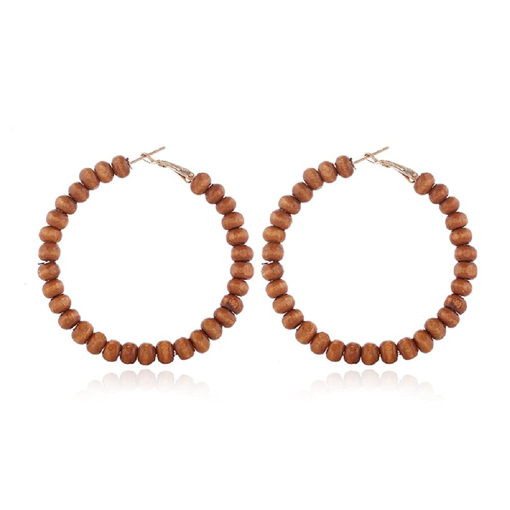 Vintage Wooden Beaded Hoop Earrings Bohemian Wood Beads Round Circle Earring Handmade Colorful Beaded Dangle Earrings for Women Jewelry