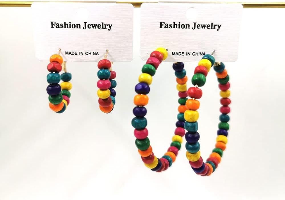 Vintage Wooden Beaded Hoop Earrings Bohemian Wood Beads Round Circle Earring Handmade Colorful Beaded Dangle Earrings for Women Jewelry