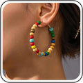 Boho Colorful Bead Hoop Earrings Rainbow Bead Huggie Hoop Earrings Circle Round Wood Beaded Earring Multi Color Wooden Beaded Hoop Dangle Earring Jewelry for Women