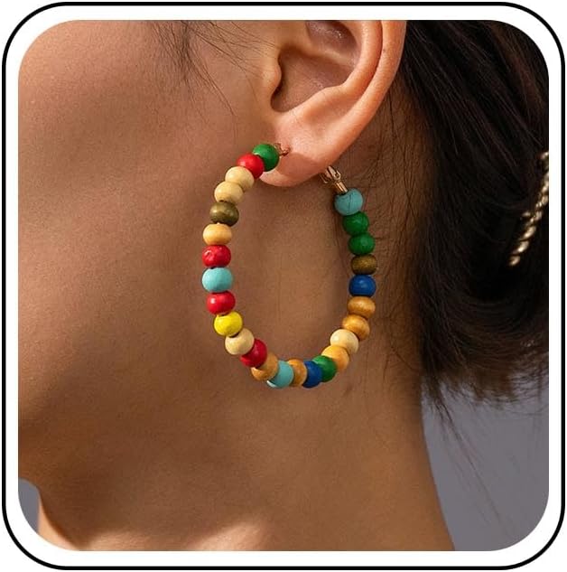 Boho Colorful Bead Hoop Earrings Rainbow Bead Huggie Hoop Earrings Circle Round Wood Beaded Earring Multi Color Wooden Beaded Hoop Dangle Earring Jewelry for Women