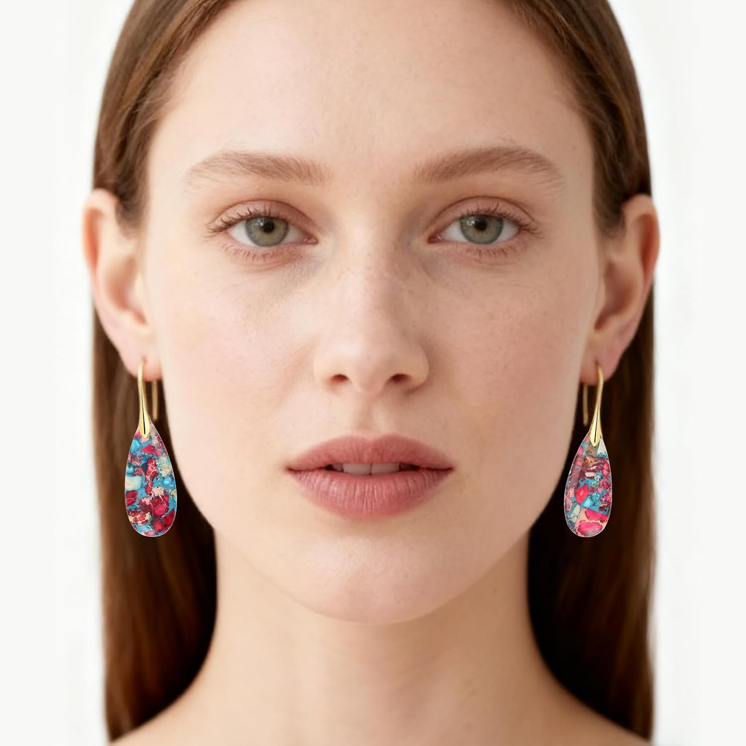 Natural Healing Crystal Teardrop Earrings for Women, Copper Hook Dangle Drop Stone Boho Jewelry, Lightweight Aesthetic Gifts Everyday Wear