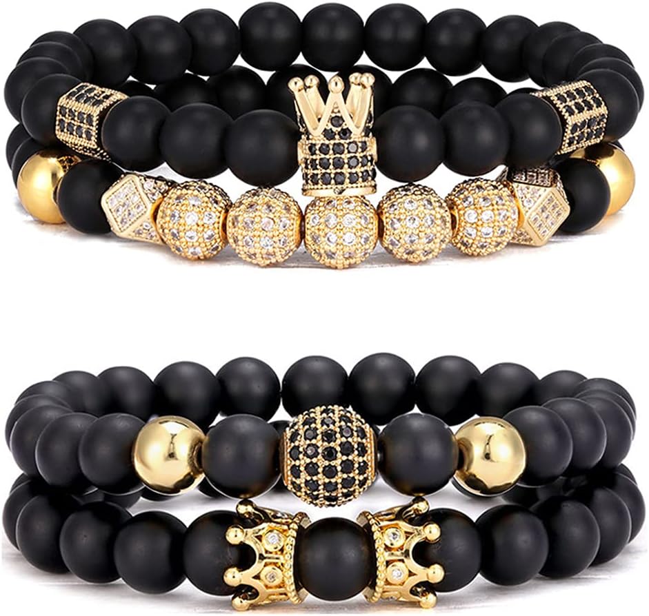 SONNYX 4Pcs 8mm Crown King Charm Beads Bracelet for Men Women Natural Black Matte Onyx Stone Beads Elastic Adjustable