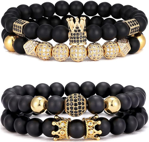 SONNYX 4Pcs 8mm Crown King Charm Beads Bracelet for Men Women Natural Black Matte Onyx Stone Beads Elastic Adjustable