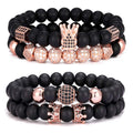 SONNYX 4Pcs 8mm Crown King Charm Beads Bracelet for Men Women Natural Black Matte Onyx Stone Beads Elastic Adjustable
