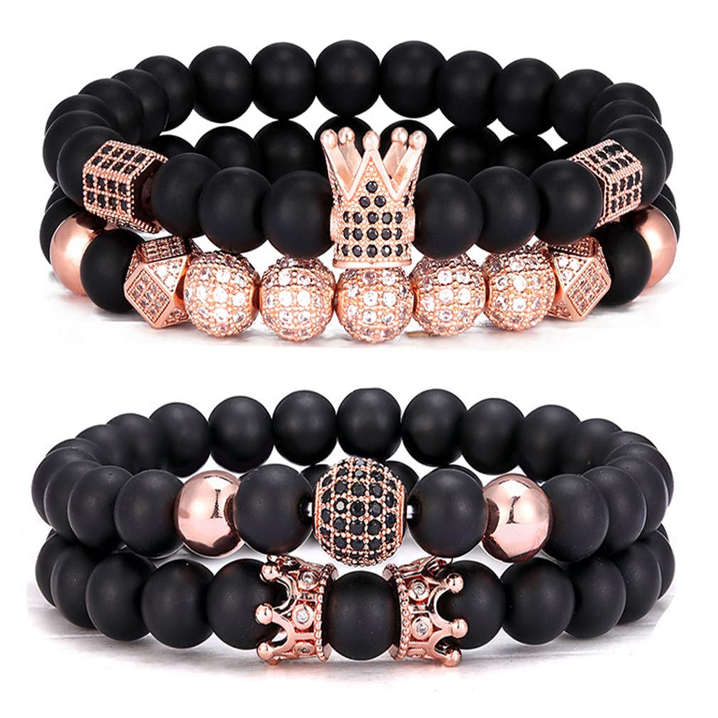 SONNYX 4Pcs 8mm Crown King Charm Beads Bracelet for Men Women Natural Black Matte Onyx Stone Beads Elastic Adjustable