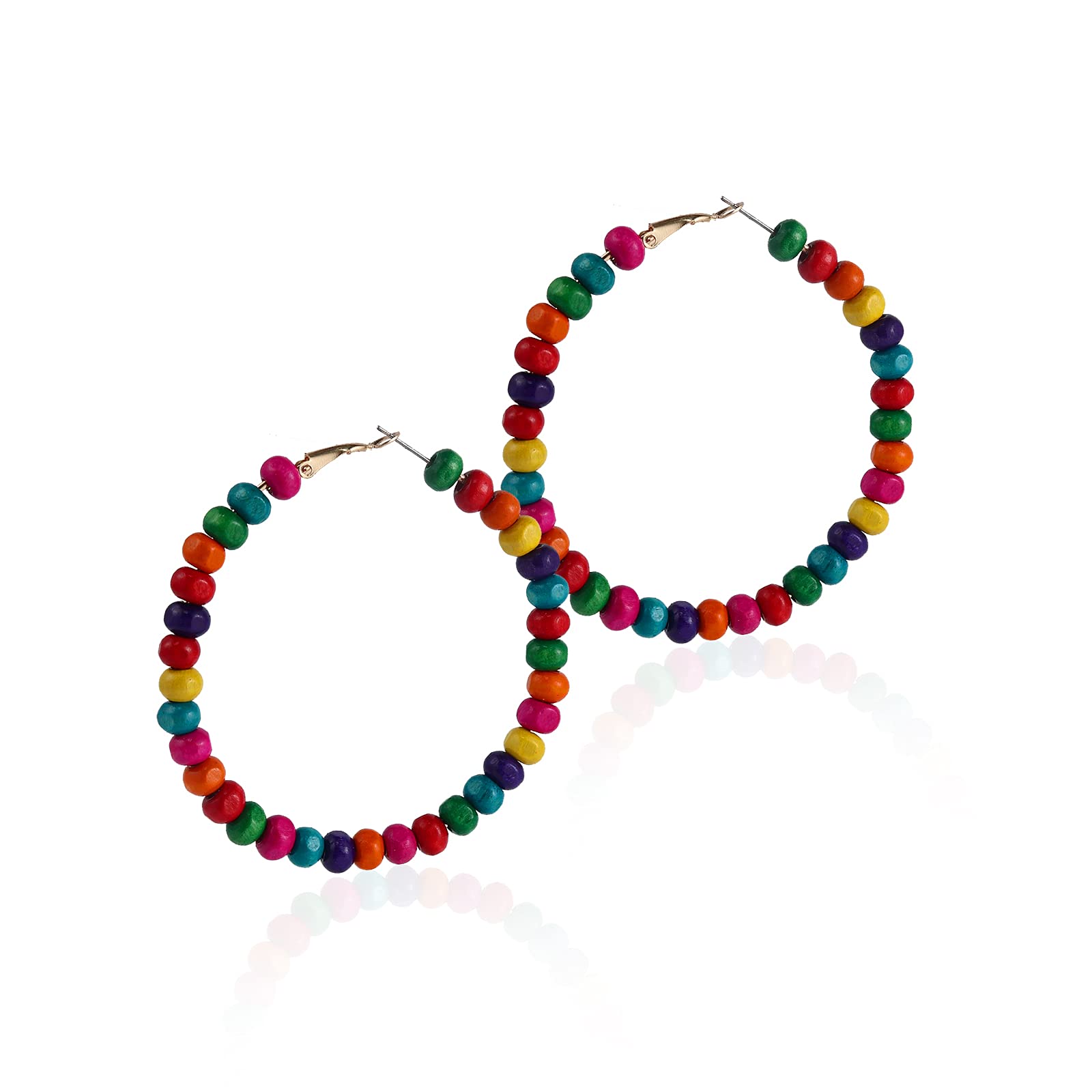 Vintage Wooden Beaded Hoop Earrings Bohemian Wood Beads Round Circle Earring Handmade Colorful Beaded Dangle Earrings for Women Jewelry
