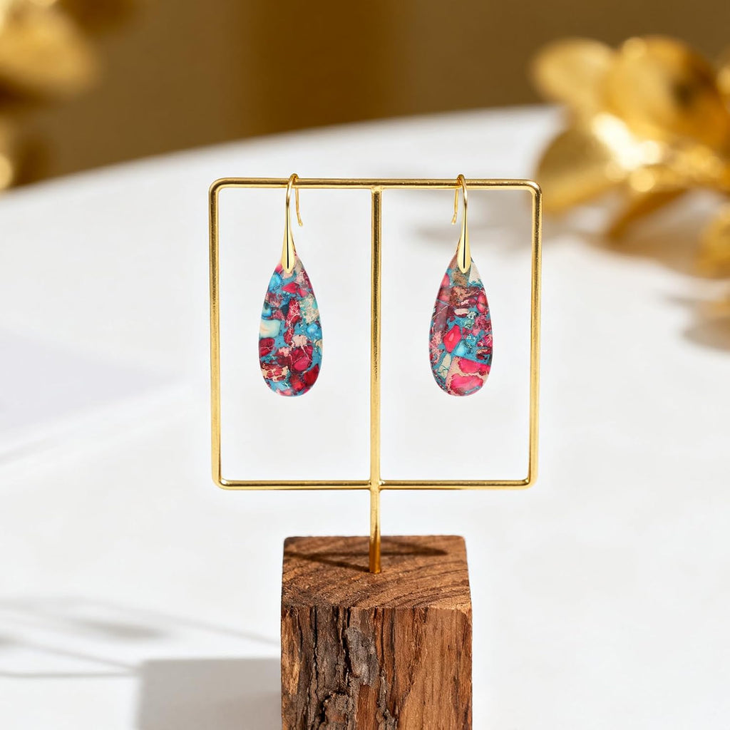 Natural Healing Crystal Teardrop Earrings for Women, Copper Hook Dangle Drop Stone Boho Jewelry, Lightweight Aesthetic Gifts Everyday Wear