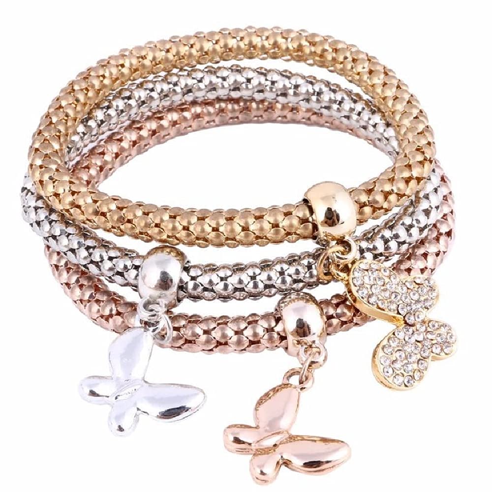 SILANER Crystal Charms Multilayer Bracelets - 3PCS Gold/Silver/Rose Gold Corn Chain Bracelet for Women, Tree of Life Heart Shaped Stretch Bracelet