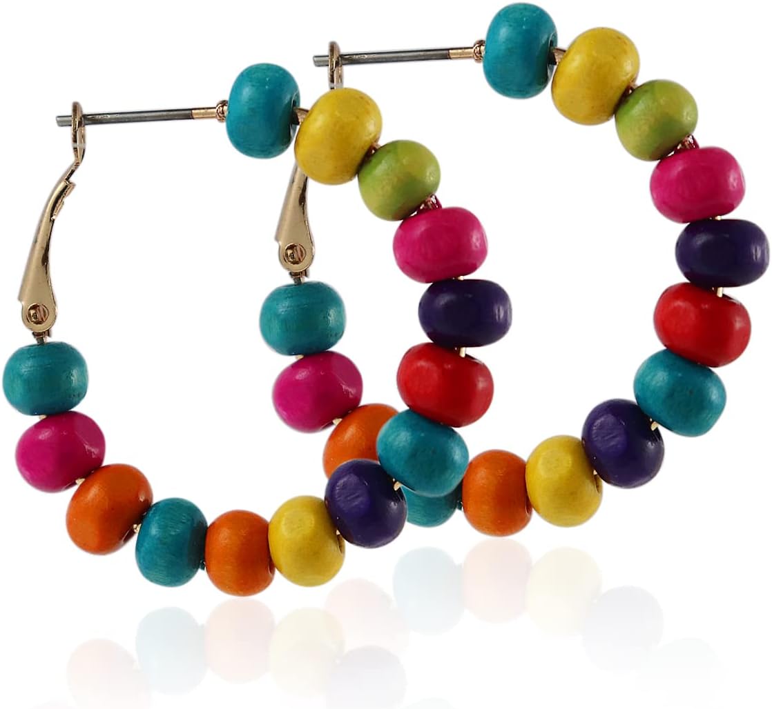 Vintage Wooden Beaded Hoop Earrings Bohemian Wood Beads Round Circle Earring Handmade Colorful Beaded Dangle Earrings for Women Jewelry