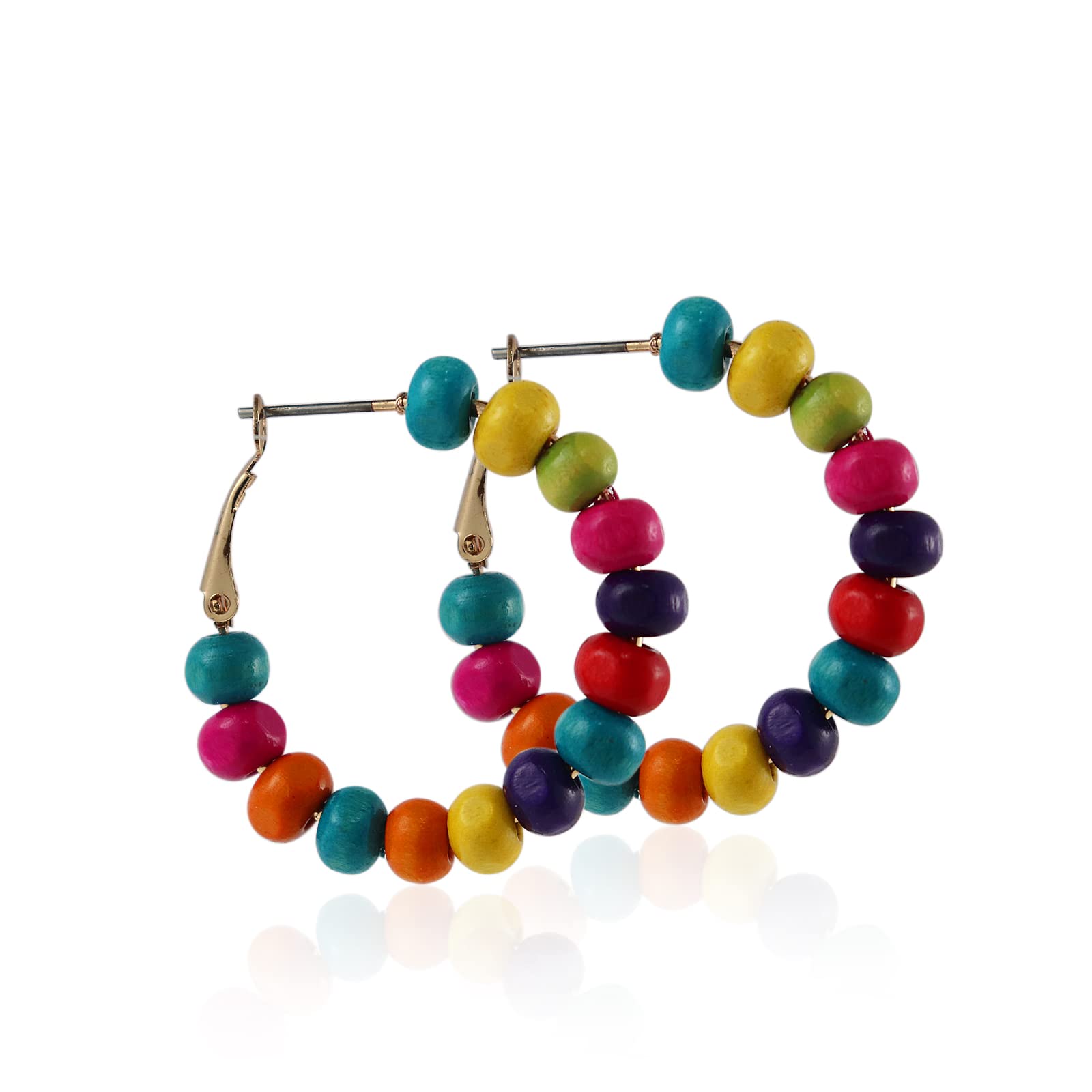 Vintage Wooden Beaded Hoop Earrings Bohemian Wood Beads Round Circle Earring Handmade Colorful Beaded Dangle Earrings for Women Jewelry