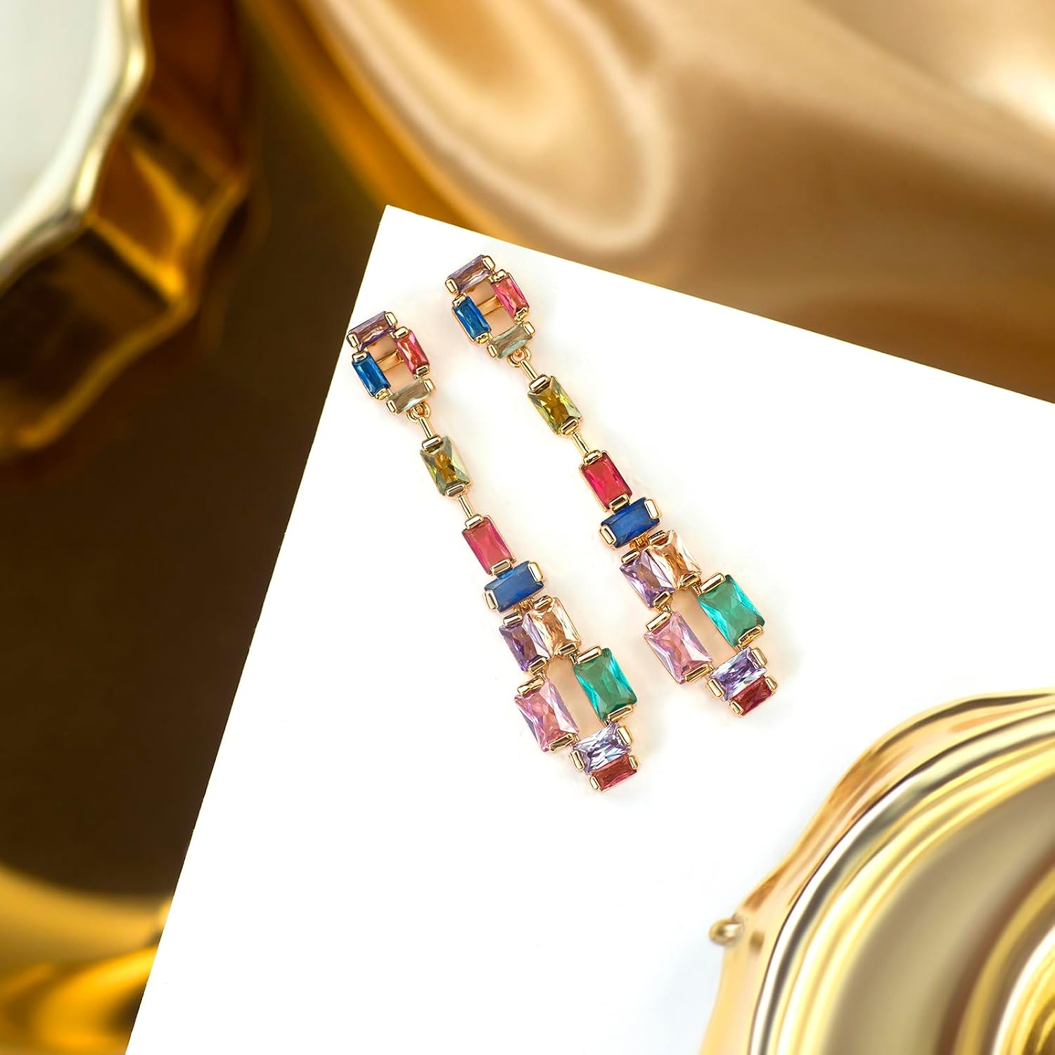 Multicolor Rainbow Crystal Long dangle Earrings for women Cubic Zirconia Square Gem Statement Drop Earrings for Prom Party Wedding Daily Wear