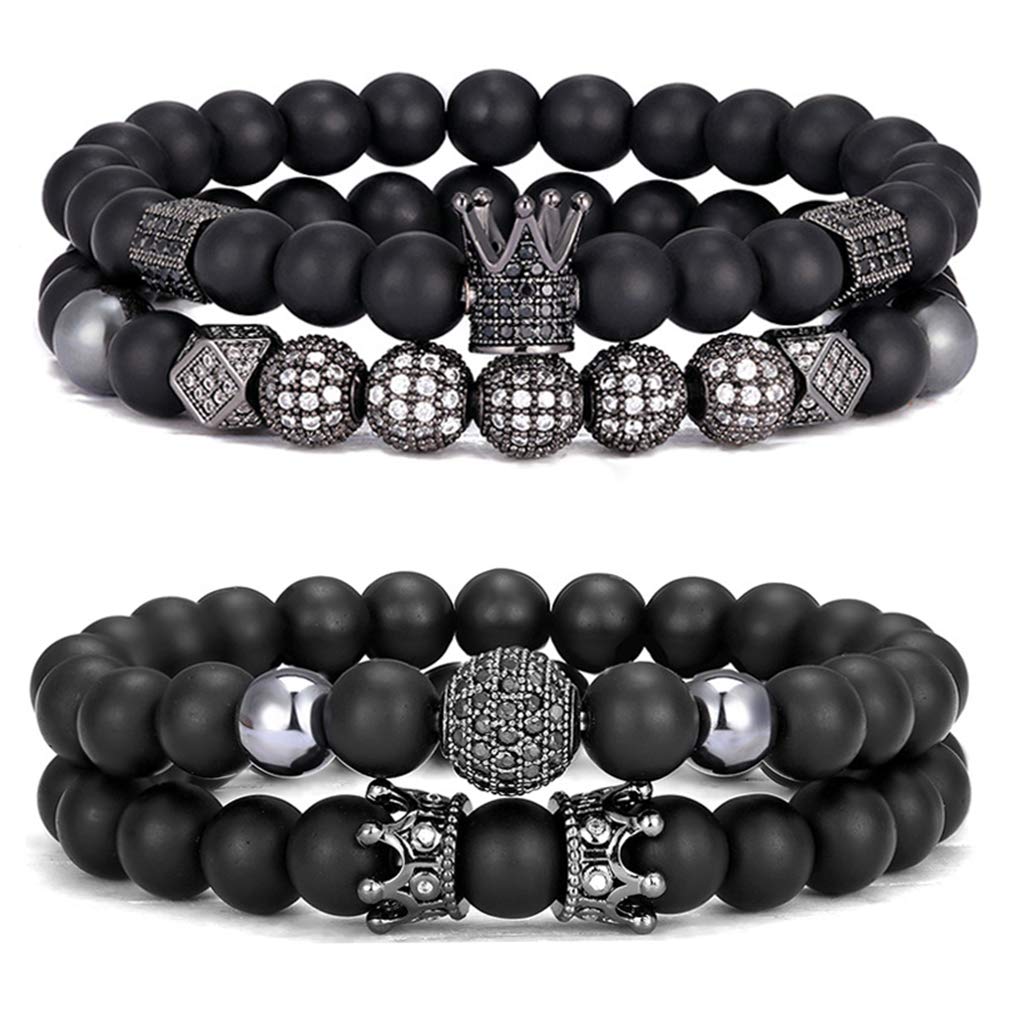 SONNYX 4Pcs 8mm Crown King Charm Beads Bracelet for Men Women Natural Black Matte Onyx Stone Beads Elastic Adjustable