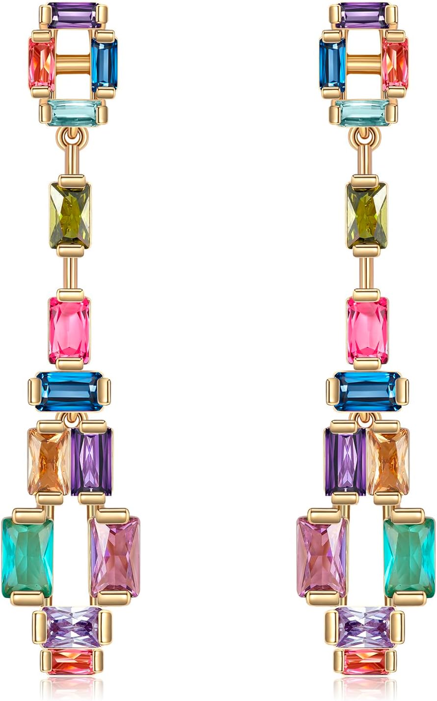 Multicolor Rainbow Crystal Long dangle Earrings for women Cubic Zirconia Square Gem Statement Drop Earrings for Prom Party Wedding Daily Wear