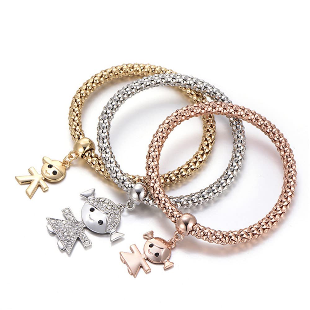 SILANER Crystal Charms Multilayer Bracelets - 3PCS Gold/Silver/Rose Gold Corn Chain Bracelet for Women, Tree of Life Heart Shaped Stretch Bracelet