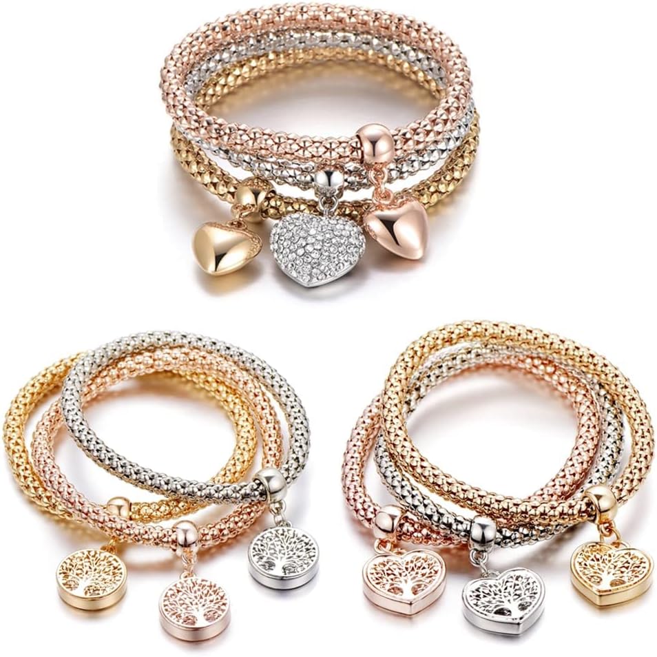 SILANER Crystal Charms Multilayer Bracelets - 3PCS Gold/Silver/Rose Gold Corn Chain Bracelet for Women, Tree of Life Heart Shaped Stretch Bracelet