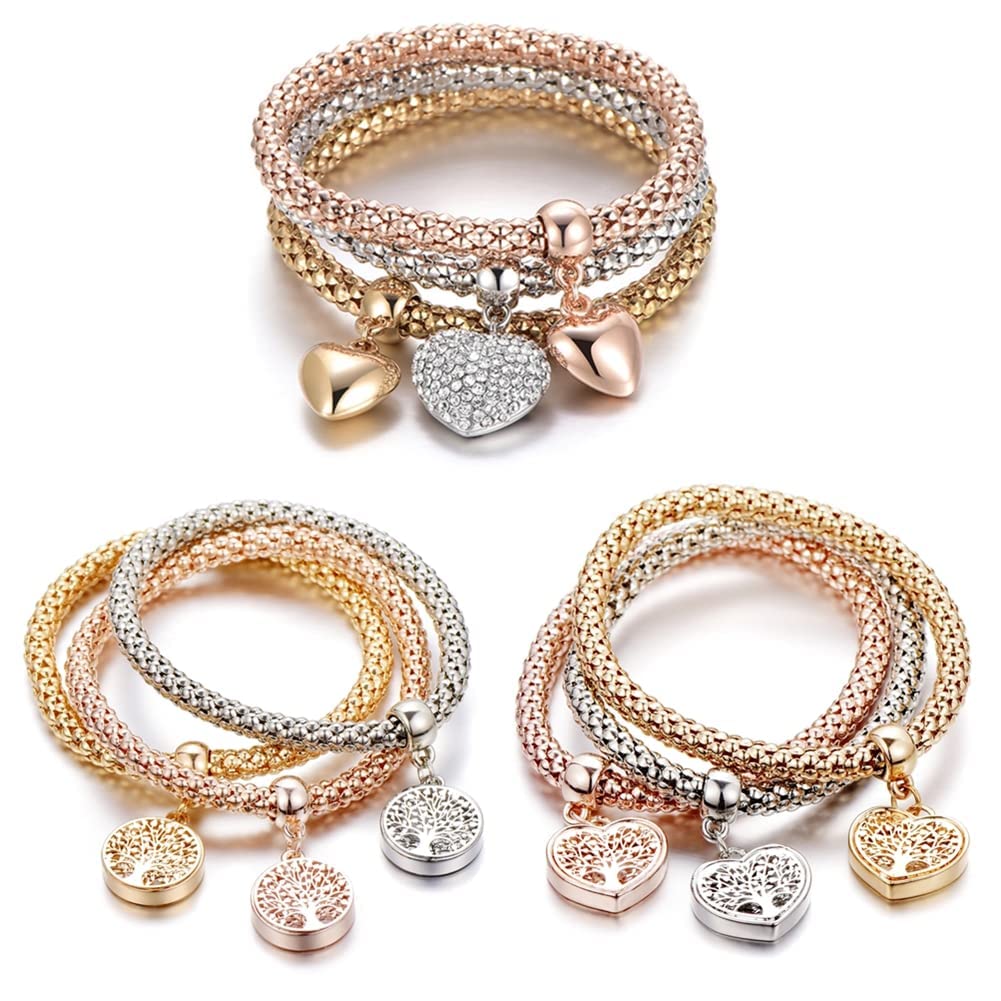 SILANER Crystal Charms Multilayer Bracelets - 3PCS Gold/Silver/Rose Gold Corn Chain Bracelet for Women, Tree of Life Heart Shaped Stretch Bracelet